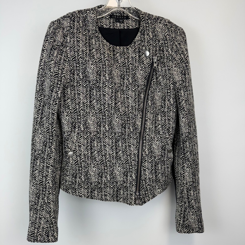 Theory Womens Chevron Herringbone Moto Jacket Black White Leather‎ Trim Size 6